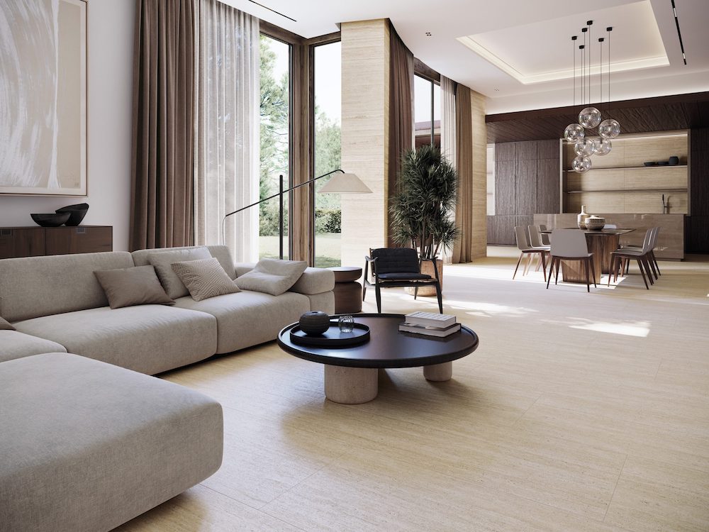 Gạch 60×120 tạo hiệu ứng kéo dài không gian phòng khách từ Divo Ceramica